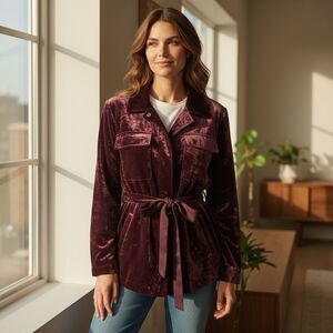 Crushed Velvet Utility Jacket M Berry Glam Boho Chic Holiday Christmas Grunge